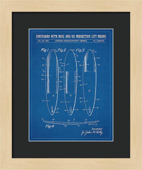 Surfboard With Nose And/or Midsection Lift Means Blueprint Patent Us3289227a
