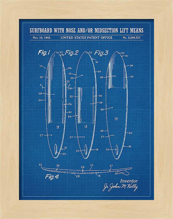 Surfboard With Nose And/or Midsection Lift Means Blueprint Patent Us3289227a