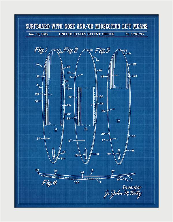 Surfboard With Nose And/or Midsection Lift Means Blueprint Patent Us3289227a