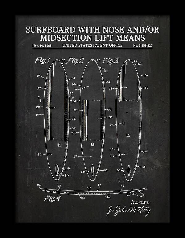 Surfboard With Nose And/or Midsection Lift Means Chalkboard Patent Us3289227a