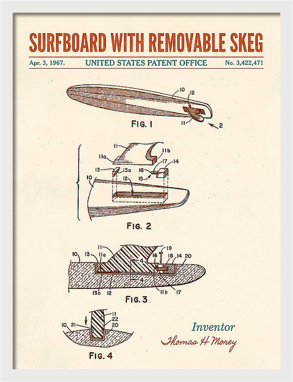 Surfboard With Removable Skeg Tom Morey Retro Patent Us3422471a