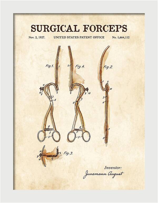 Surgical Forceps Watercolor Patent Us1664112a