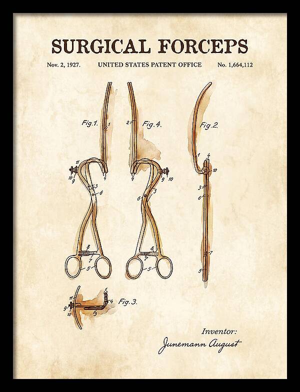 Surgical Forceps Watercolor Patent Us1664112a