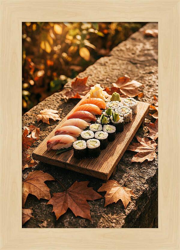 Sushi Platter Among Autumn Leaves