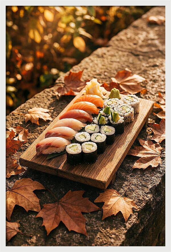 Sushi Platter Among Autumn Leaves