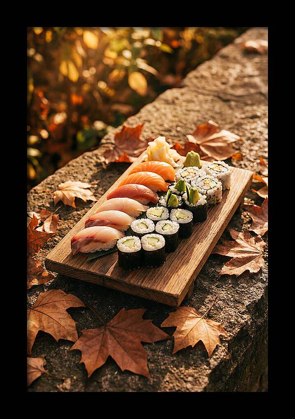 Sushi Platter Among Autumn Leaves