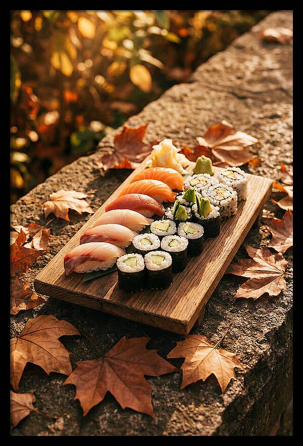 Sushi Platter Among Autumn Leaves