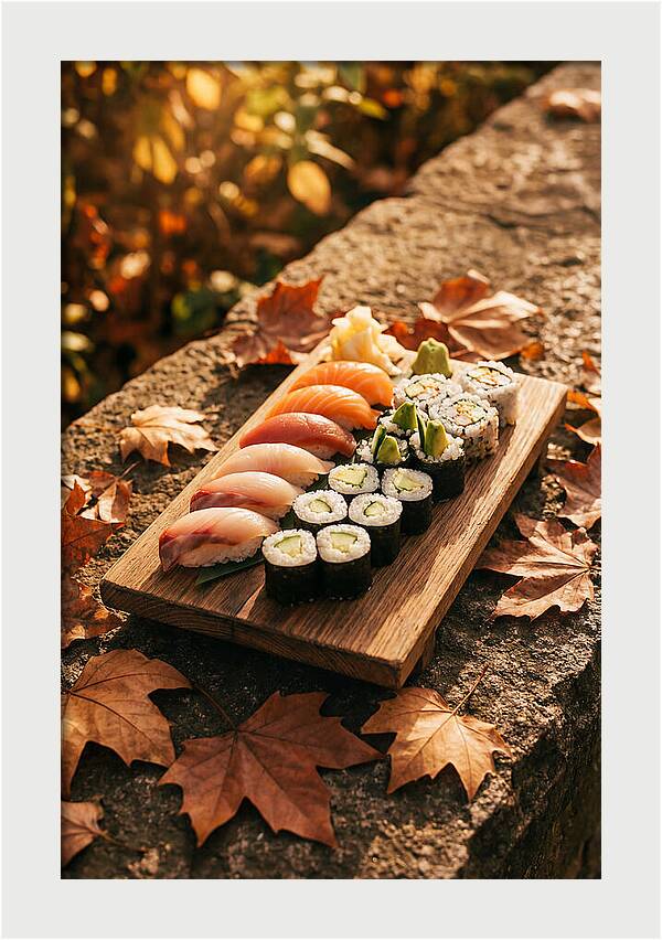Sushi Platter Among Autumn Leaves