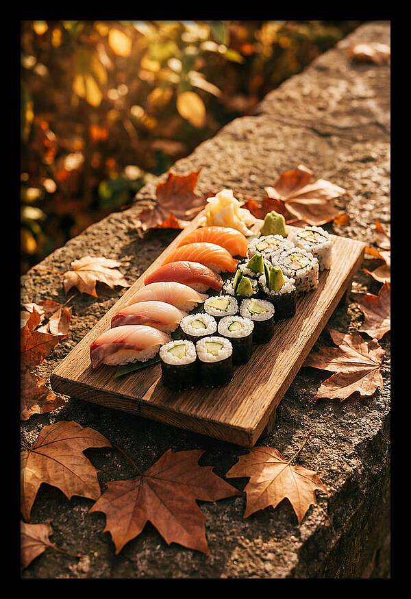 Sushi Platter Among Autumn Leaves