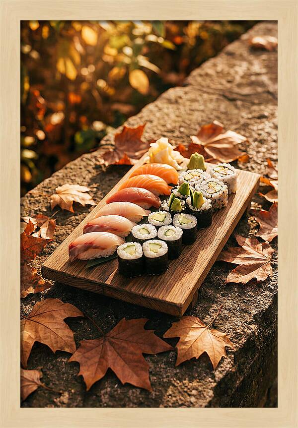 Sushi Platter Among Autumn Leaves