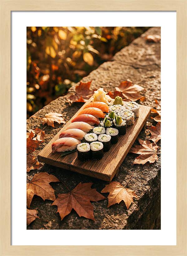 Sushi Platter Among Autumn Leaves