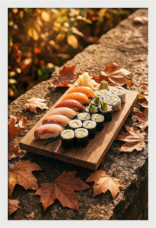 Sushi Platter Among Autumn Leaves
