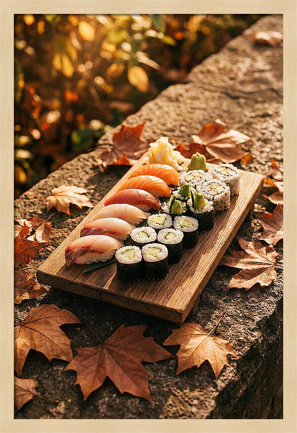 Sushi Platter Among Autumn Leaves