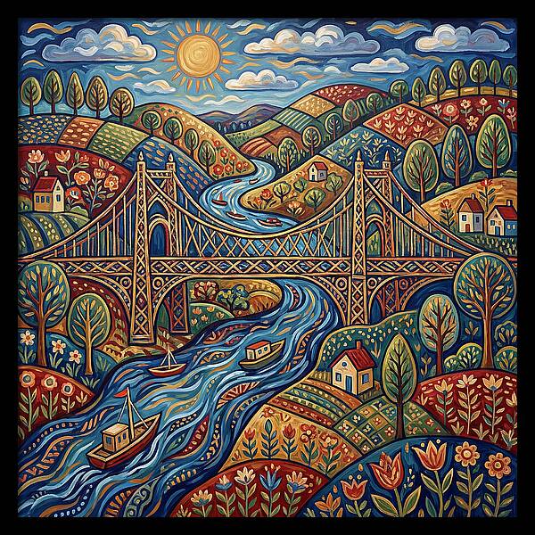 Suspension Bridge Over Rolling Hills