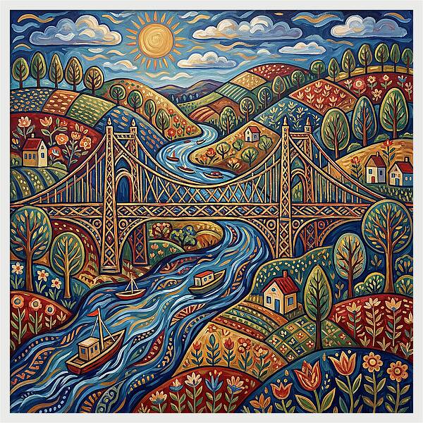Suspension Bridge Over Rolling Hills
