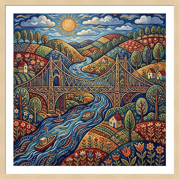 Suspension Bridge Over Rolling Hills