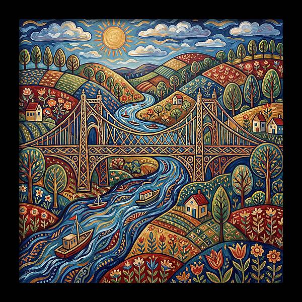 Suspension Bridge Over Rolling Hills
