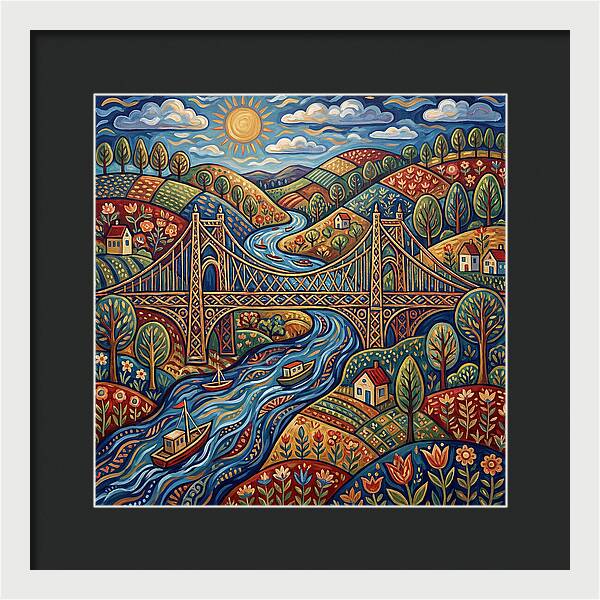 Suspension Bridge Over Rolling Hills