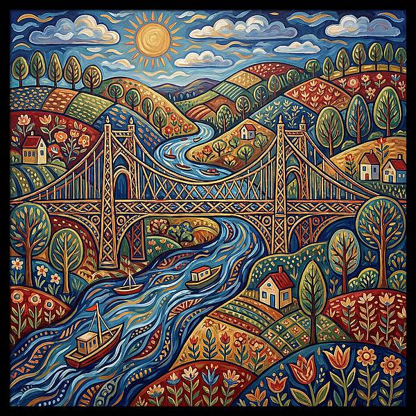 Suspension Bridge Over Rolling Hills