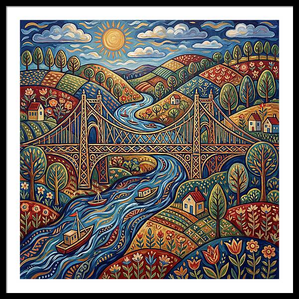 Suspension Bridge Over Rolling Hills