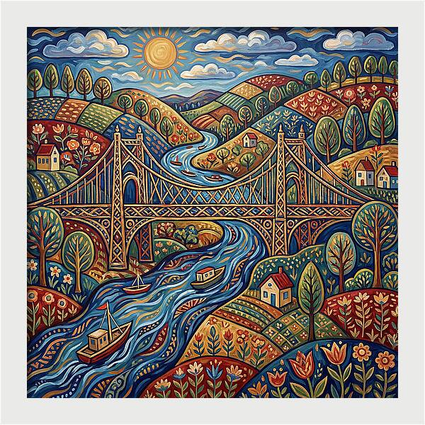 Suspension Bridge Over Rolling Hills