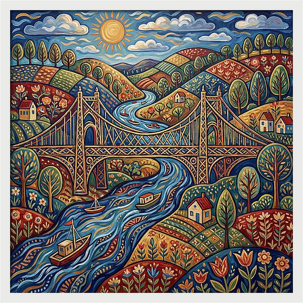 Suspension Bridge Over Rolling Hills