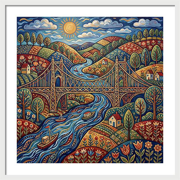 Suspension Bridge Over Rolling Hills