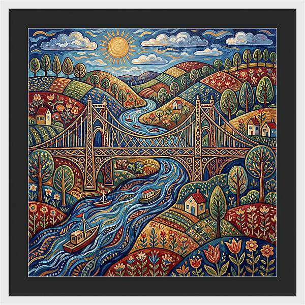 Suspension Bridge Over Rolling Hills