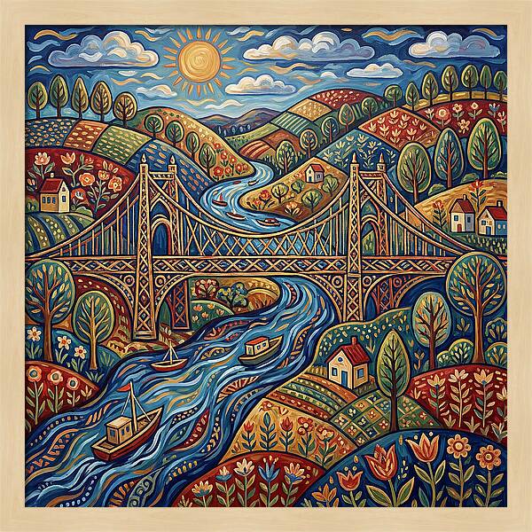 Suspension Bridge Over Rolling Hills