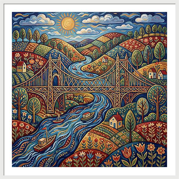 Suspension Bridge Over Rolling Hills
