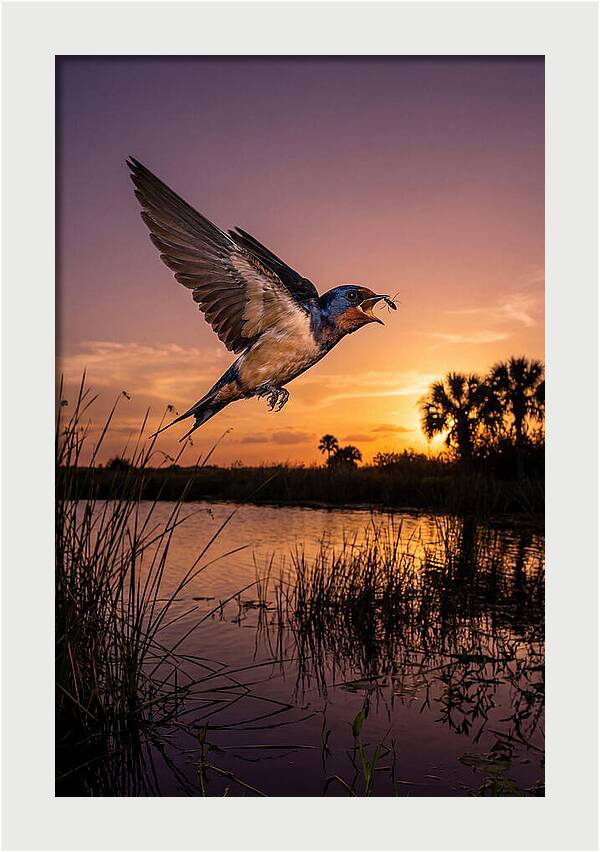 Swallow In Flight At Sunset