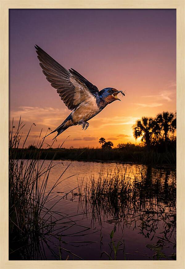 Swallow In Flight At Sunset