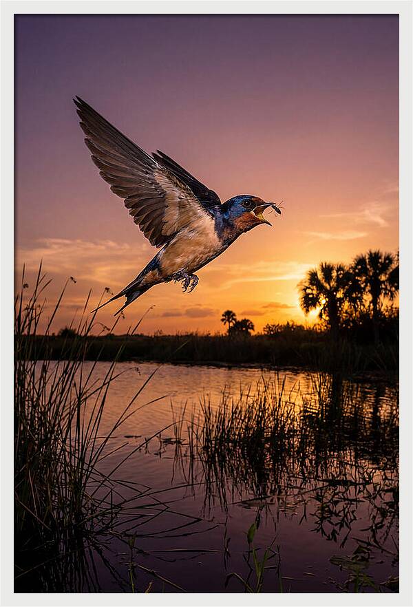 Swallow In Flight At Sunset