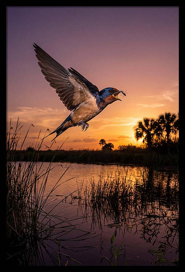 Swallow In Flight At Sunset