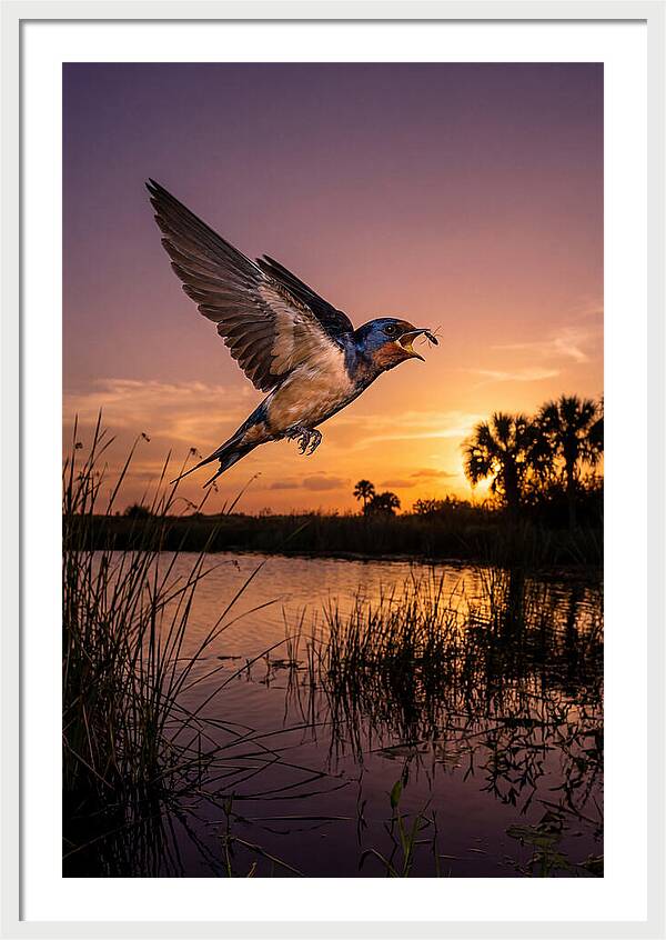 Swallow In Flight At Sunset
