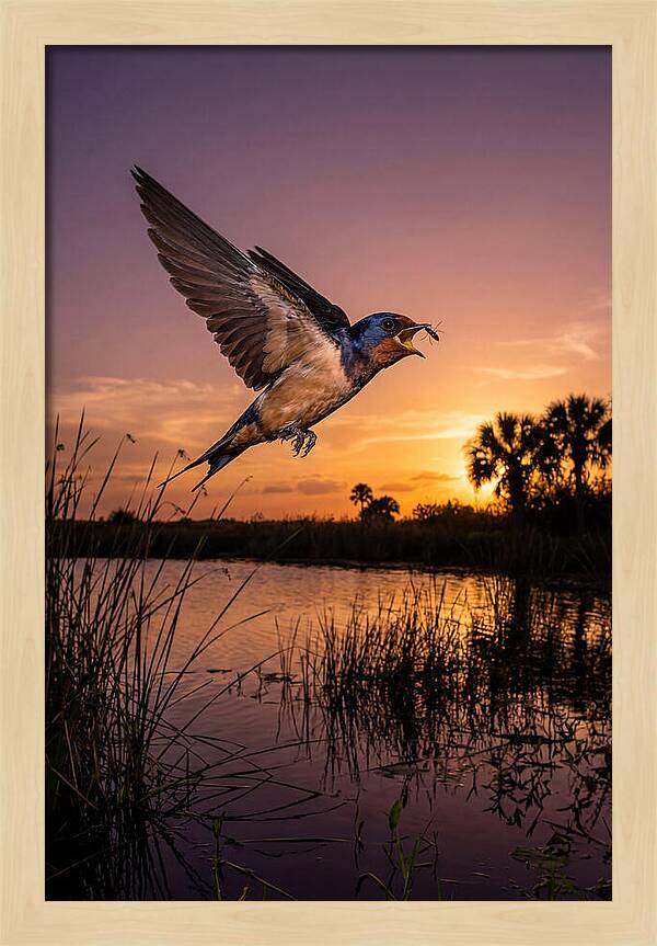 Swallow In Flight At Sunset