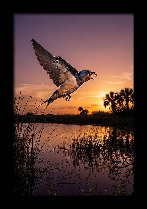 Swallow In Flight At Sunset