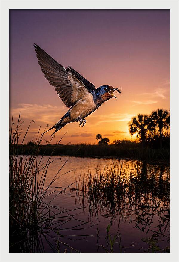 Swallow In Flight At Sunset