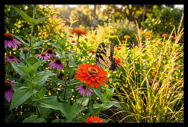Swallowtail Butterfly Among Zinnias