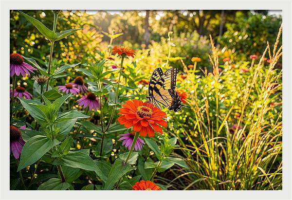 Swallowtail Butterfly Among Zinnias