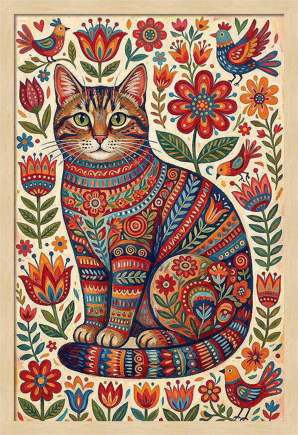 Tabby Cat In Folk Art Style