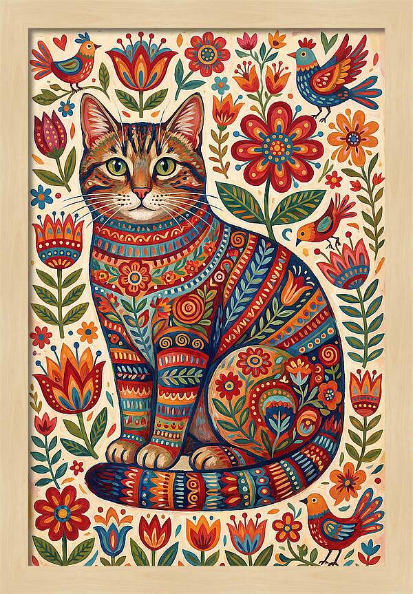 Tabby Cat In Folk Art Style