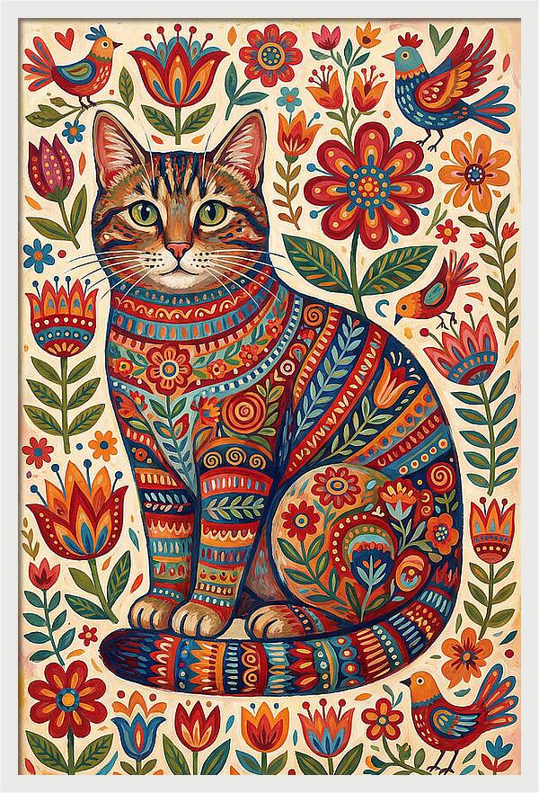 Tabby Cat In Folk Art Style
