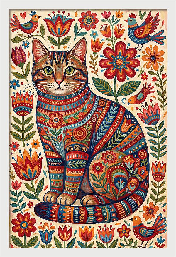 Tabby Cat In Folk Art Style