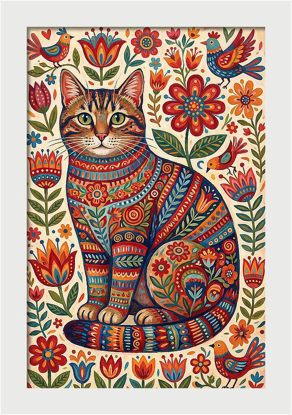 Tabby Cat In Folk Art Style