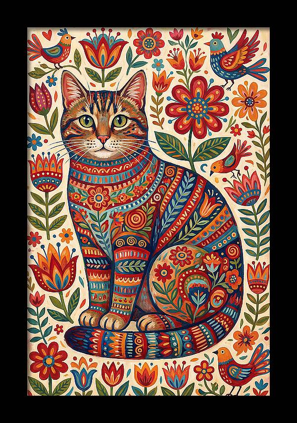 Tabby Cat In Folk Art Style