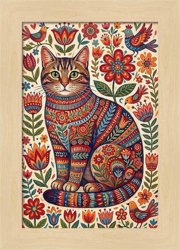 Tabby Cat In Folk Art Style