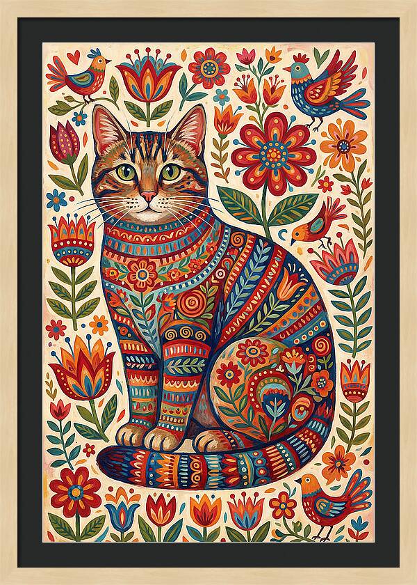 Tabby Cat In Folk Art Style