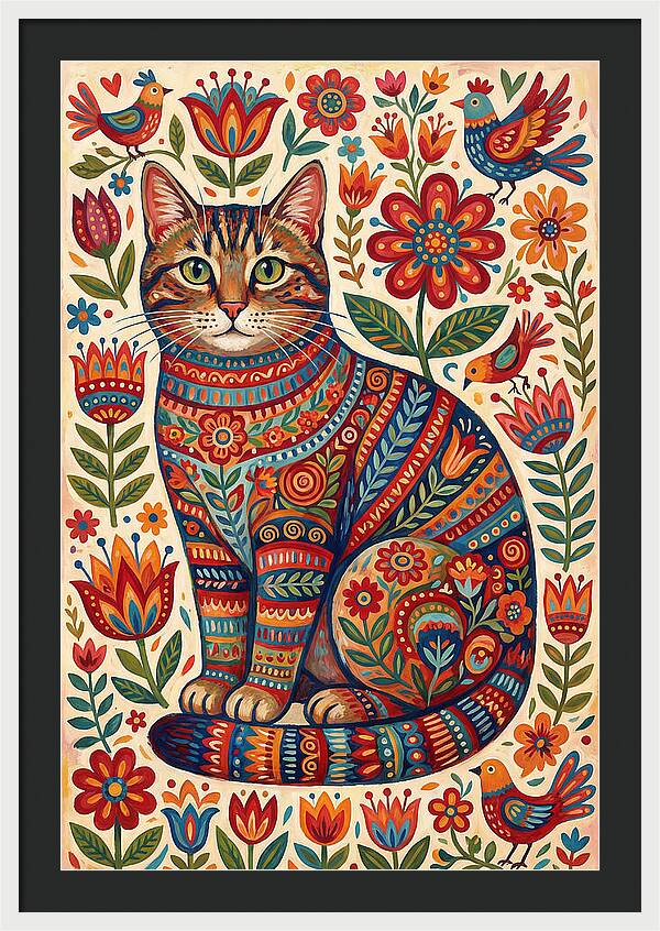 Tabby Cat In Folk Art Style