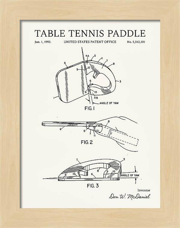 Table Tennis Paddle Minimalist Patent Us5312101a